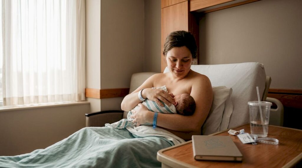 Parent holding newborn in hospital bed