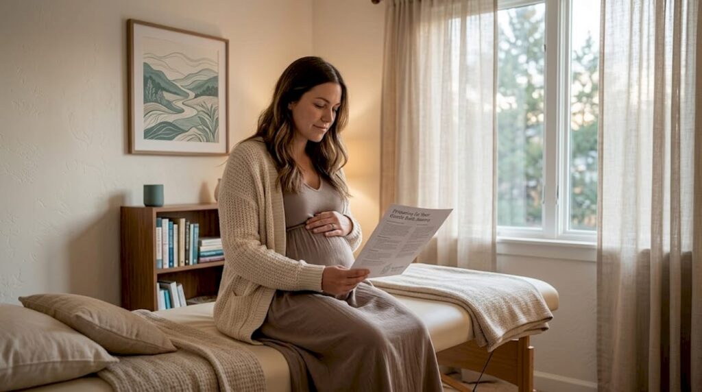 Pregnant woman reading in clinic room