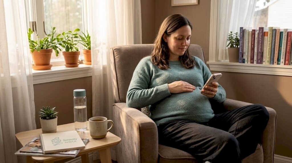 Pregnant woman waiting in OB examination room