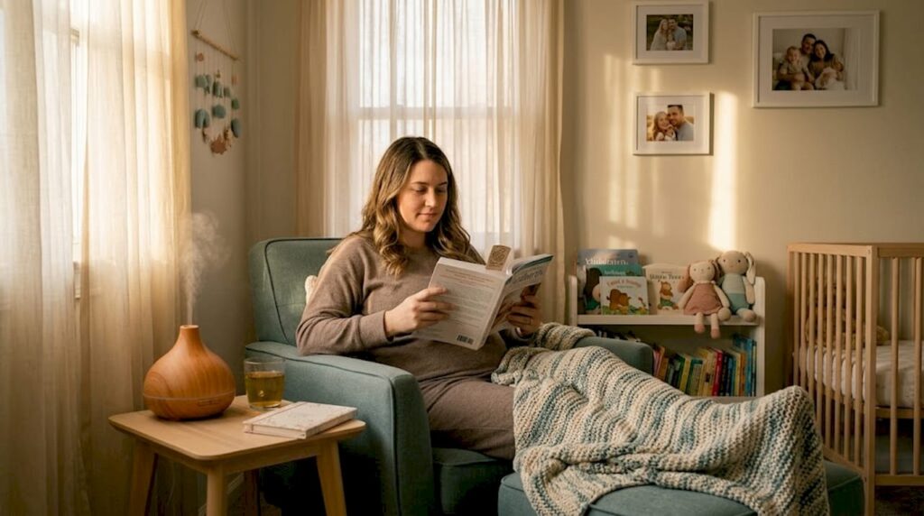 Expectant mother reading in cozy living room