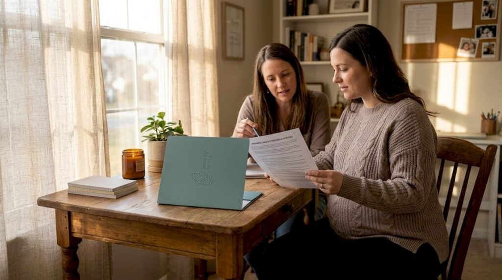 Pregnant woman and midwife reviewing consent form