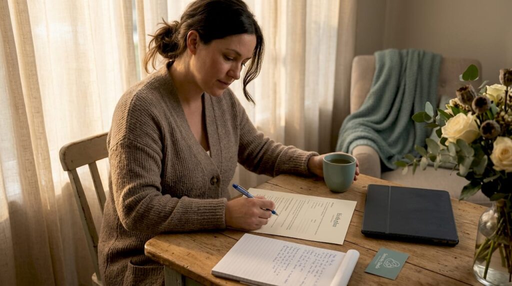 Pregnant woman reviewing birth plan in kitchen