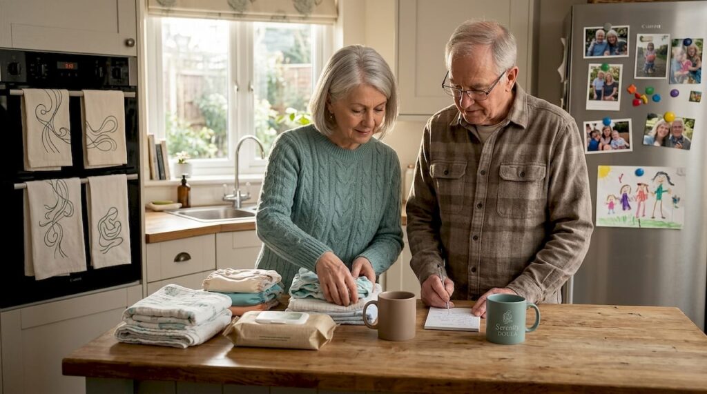 Grandparents organizing baby supplies in kitchen