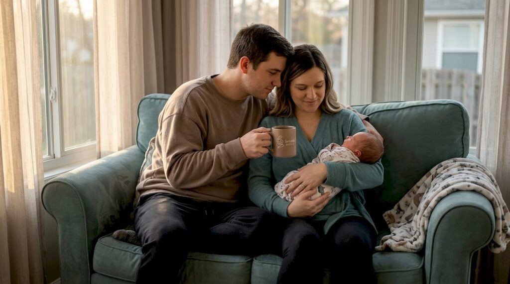 Partner supporting new mother with newborn
