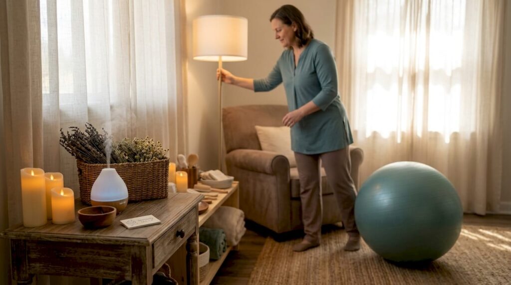 Dimly lit calm birth environment with midwife