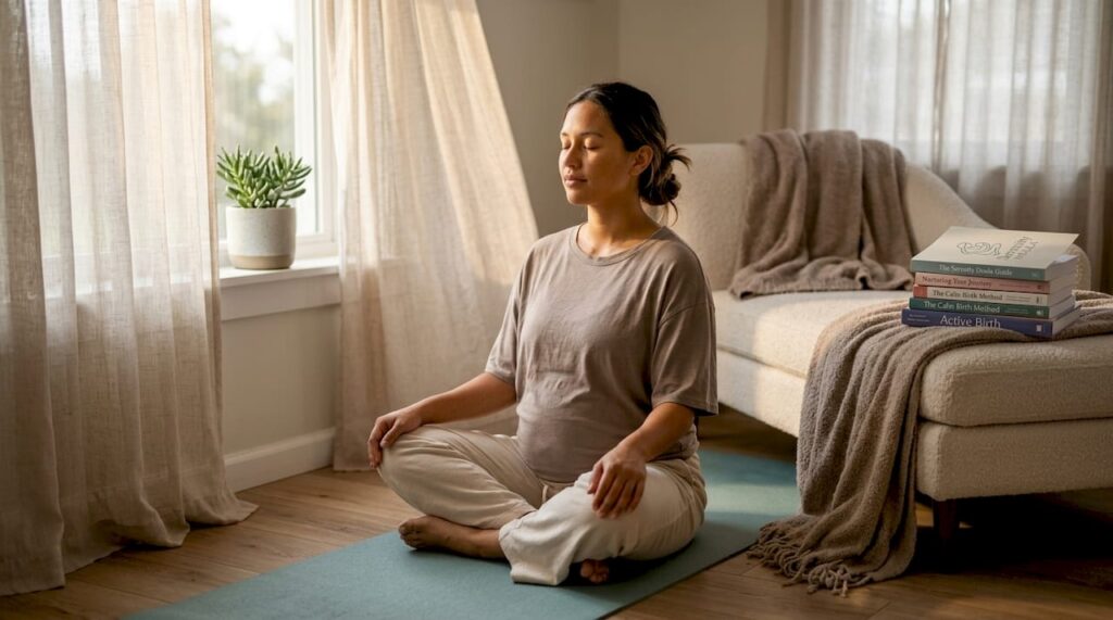 Pregnant woman meditating at home calmly
