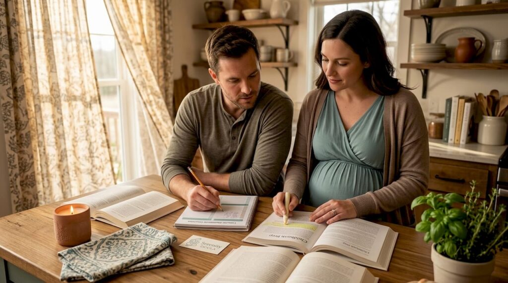 Expectant parents preparing childbirth at home