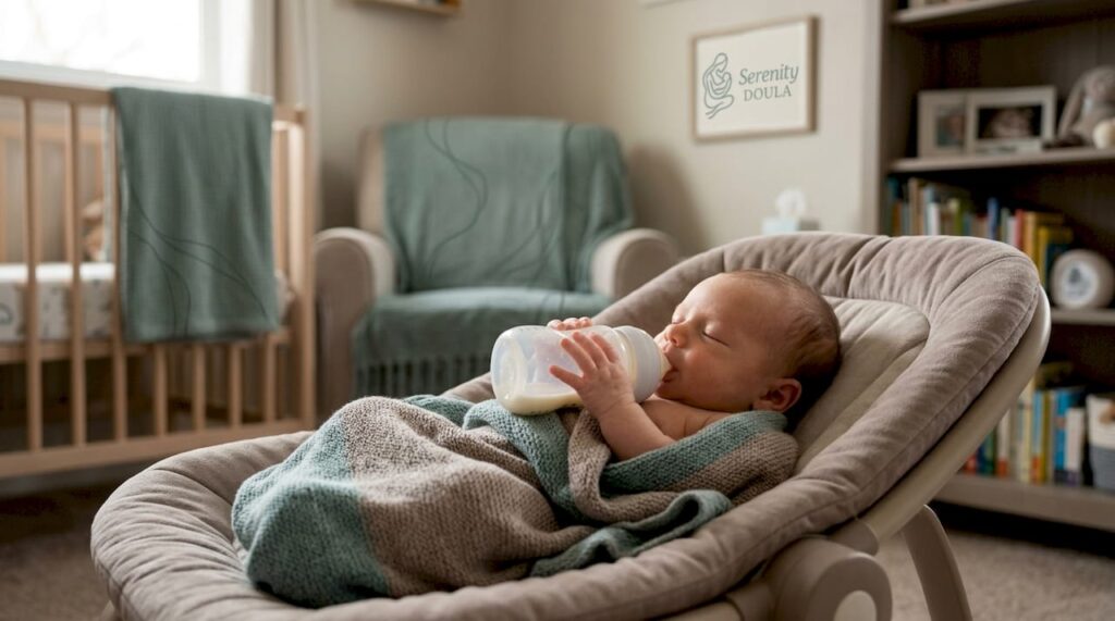 Newborn drinking from bottle during cluster feeding