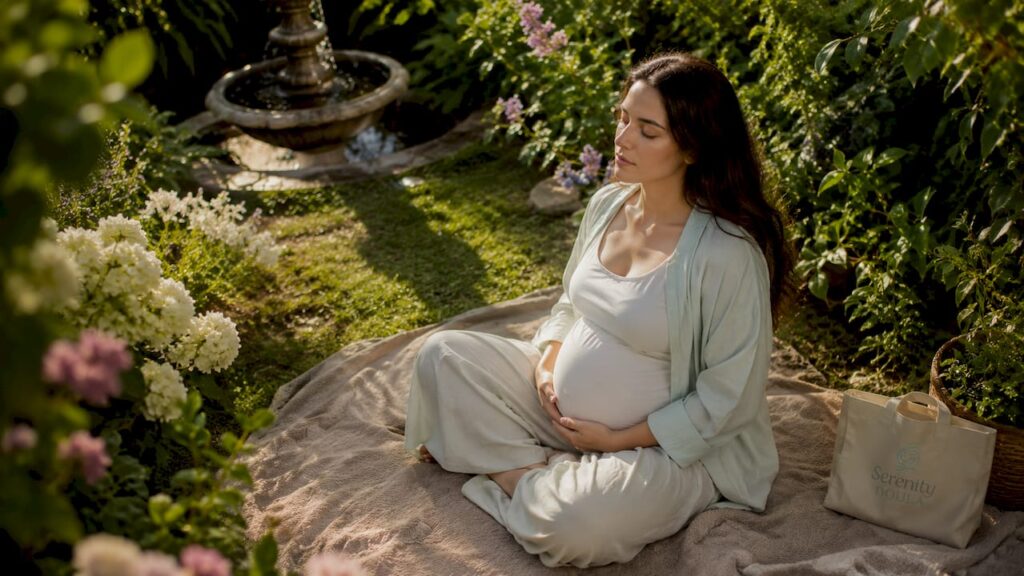 Pregnant woman practicing mindful breathing indoors