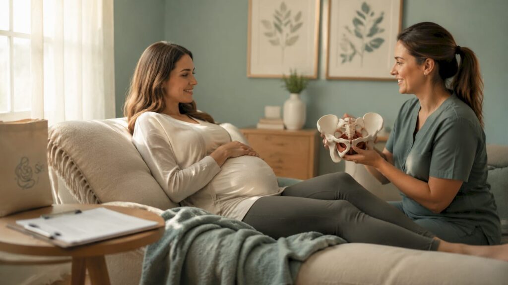Pregnant woman and provider discussing dilation check