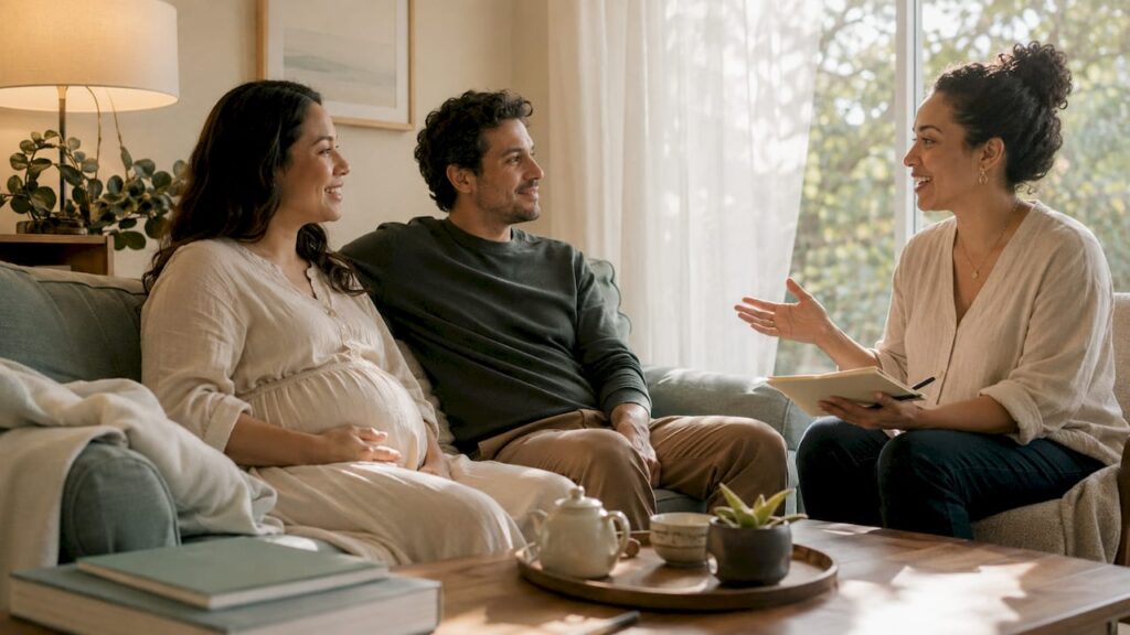 Pregnant couple consulting doula at home