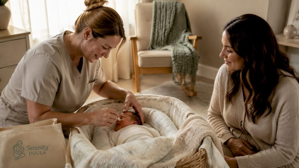 Nurse applying eye ointment to newborn in hospital