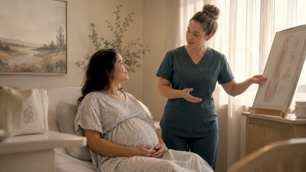 Pregnant woman consulting nurse before epidural