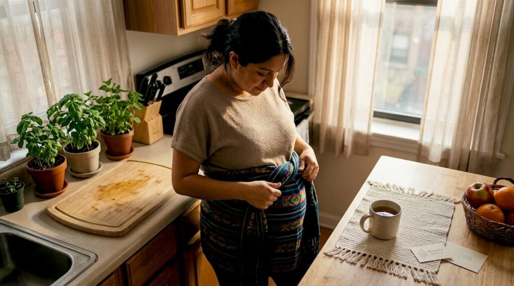 Pregnant woman wrapping rebozo belly support
