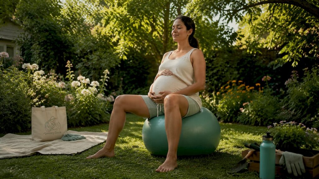 Pregnant woman balancing on peanut exercise ball