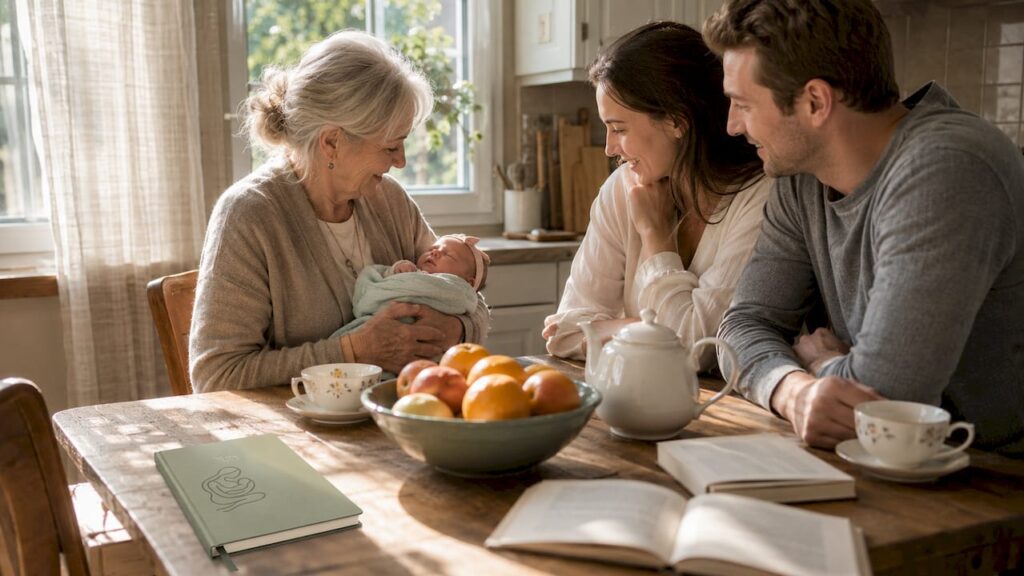 Grandparent supporting new parents with baby at home