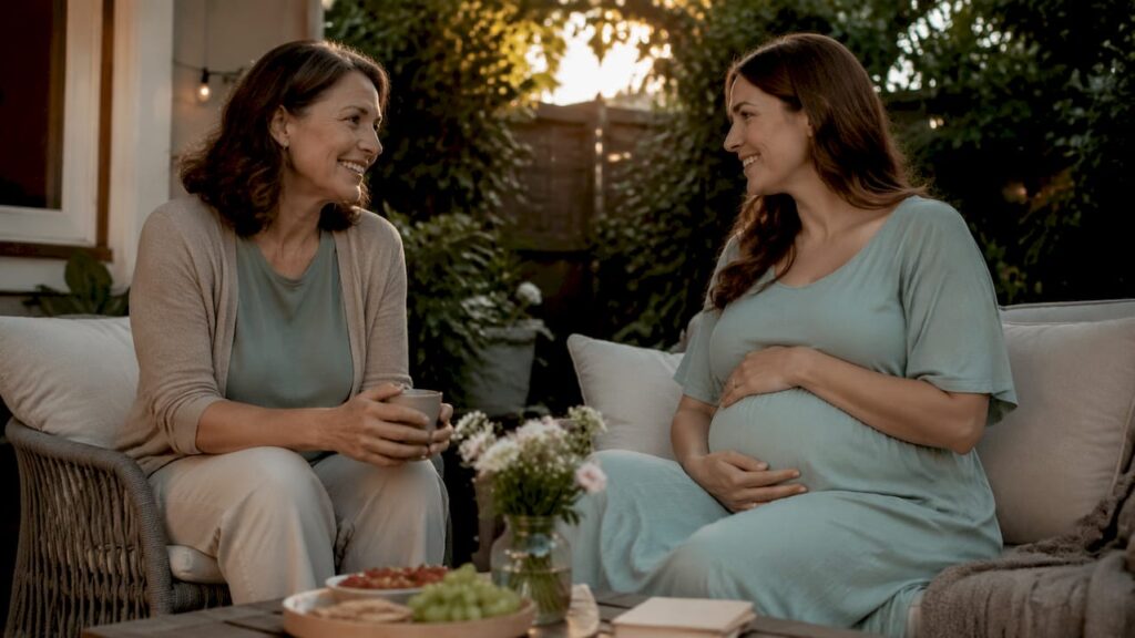 Mother supporting pregnant adult daughter
