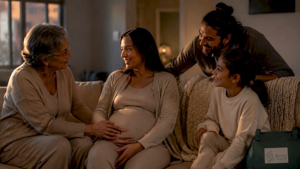 Family supporting woman during childbirth preparation