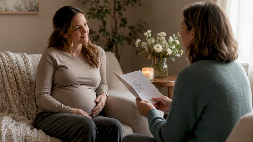 Pregnant woman consulting midwife in clinic room