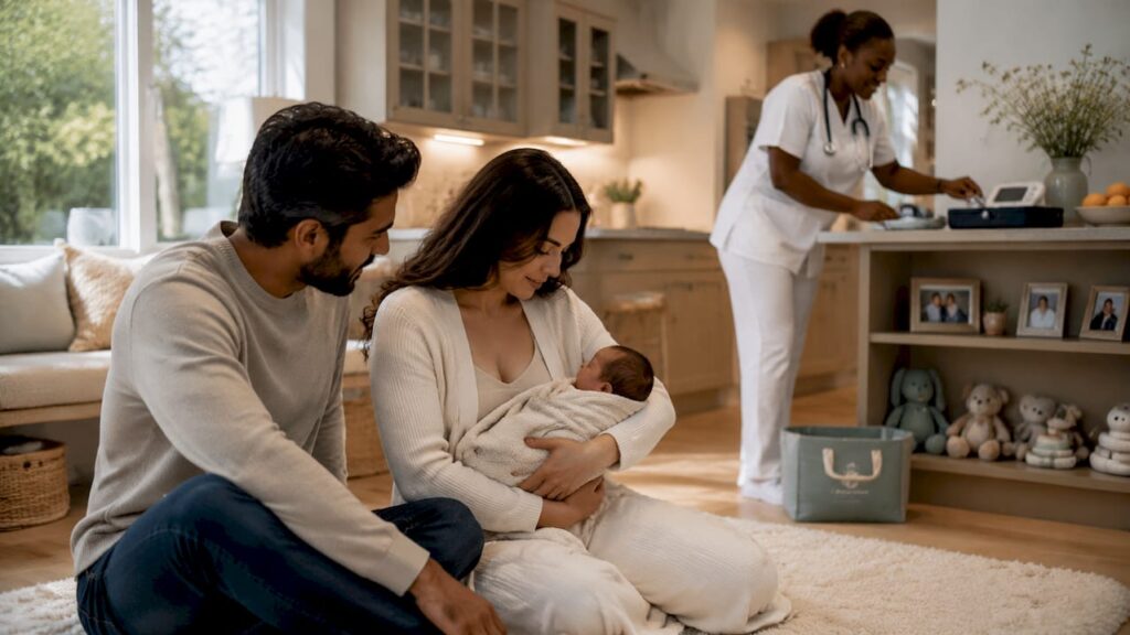 Couple receiving luxury postpartum nurse care at home