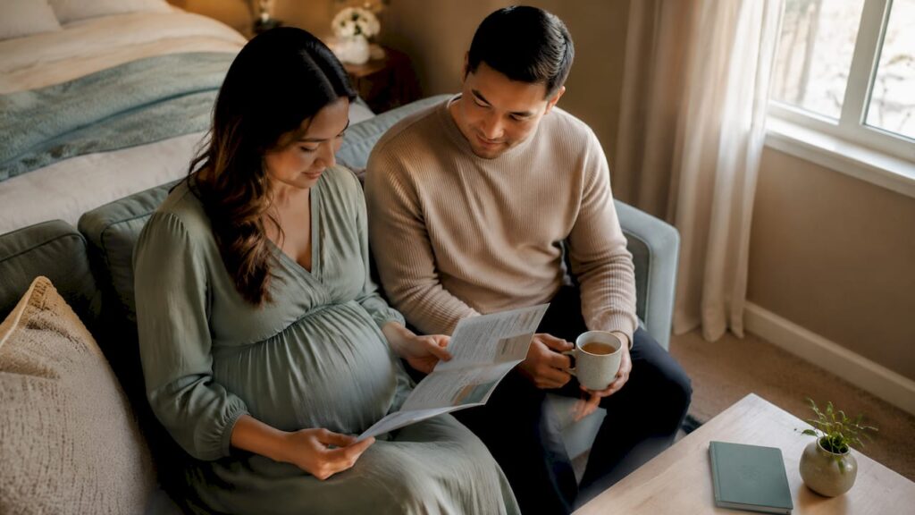 Expectant couple reviewing labor induction info at home