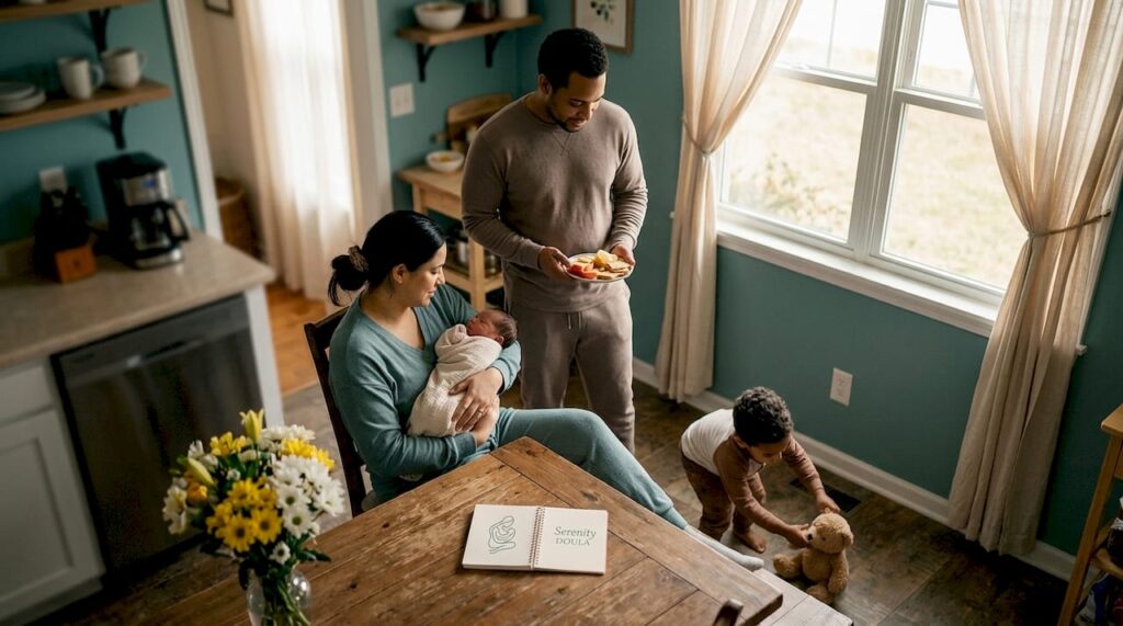 Family supporting new mother with newborn at home