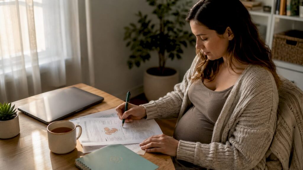 Pregnant woman reviewing prenatal materials at home