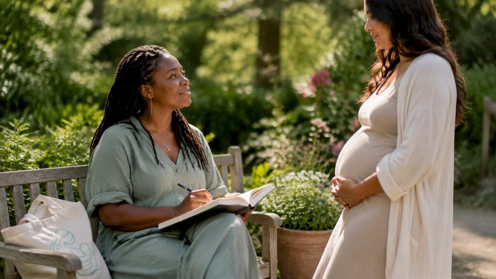 Doula providing prenatal support in cozy living room