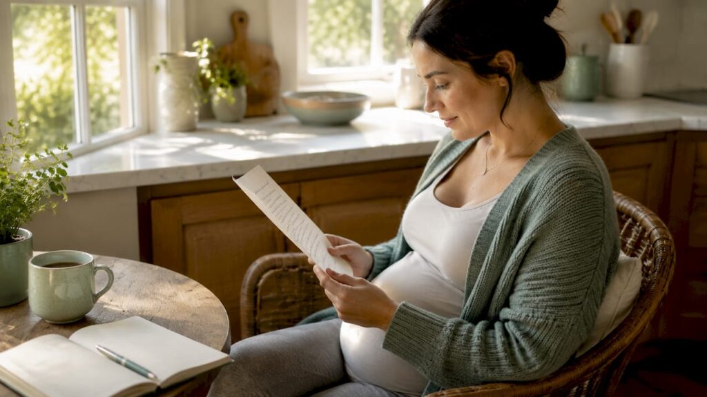 Pregnant woman reviewing birth preferences list