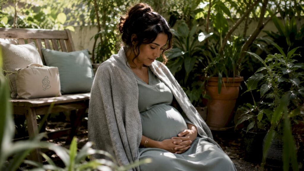 New mother reflecting postpartum in nursery
