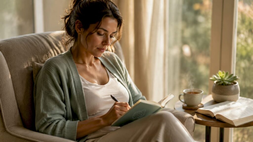 Mother journaling about birth trauma at home