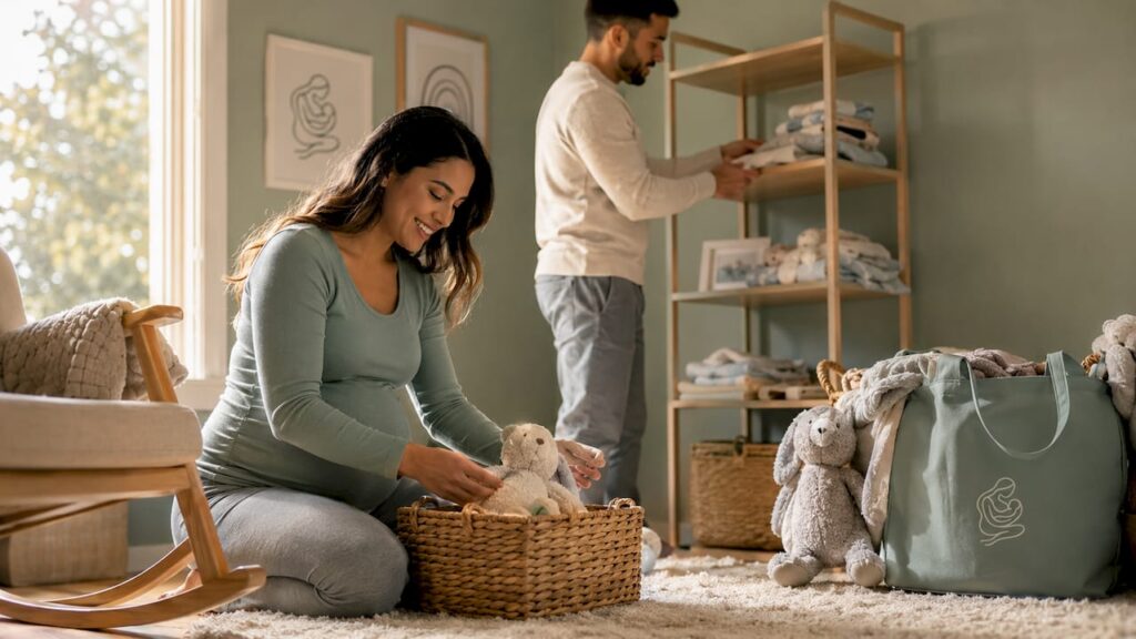 Expectant couple organizing nursery essentials