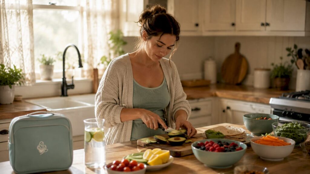 Postpartum mother preparing healthy meal in kitchen