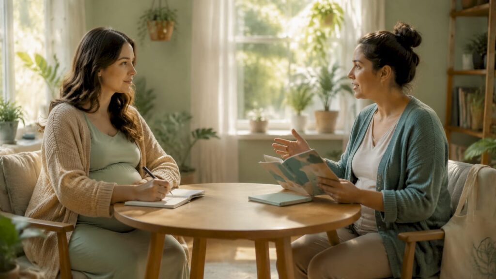 Pregnant woman consulting with doula in prenatal class