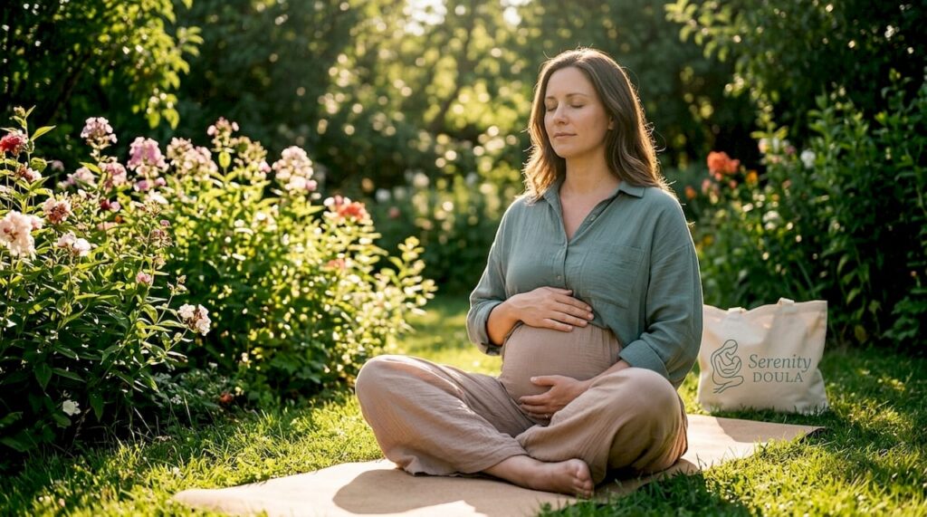 Pregnant woman practicing natural childbirth breathing