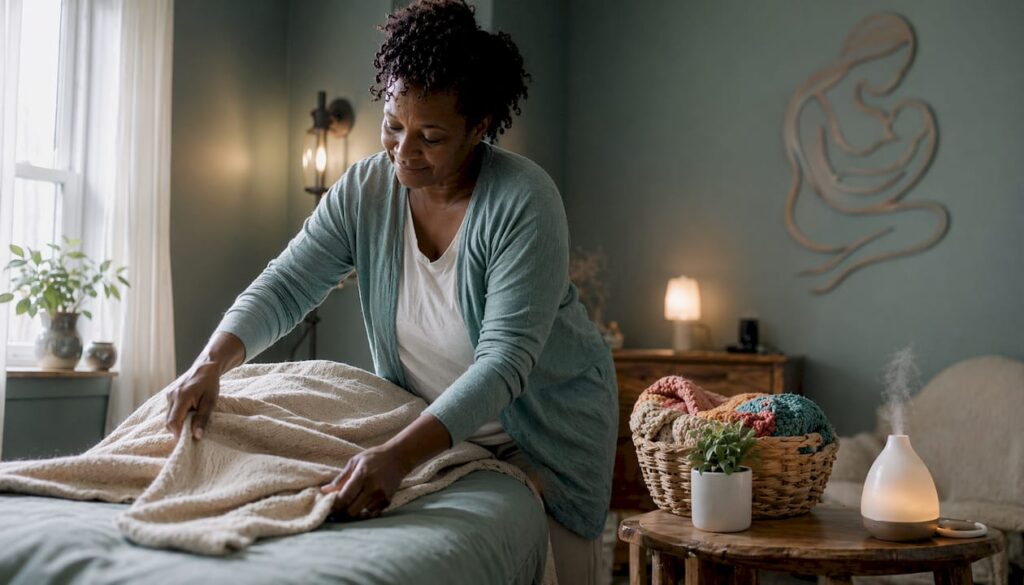 Calming hospital birthing room with nurse arranging bed