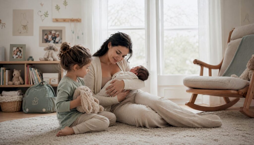 Mother nurturing newborn and older child bonding