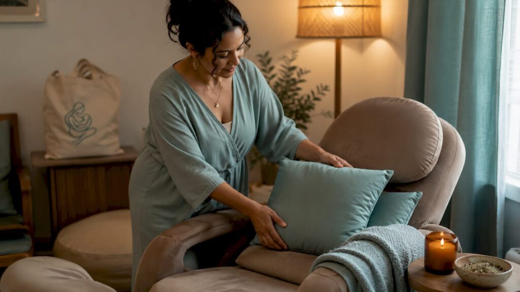 Midwife preparing calming birth room