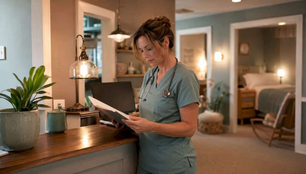 Obstetrician reviewing charts in hospital maternity ward
