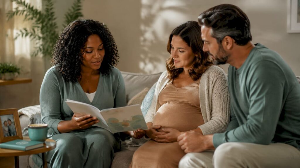 Doula consulting with expectant parents at home