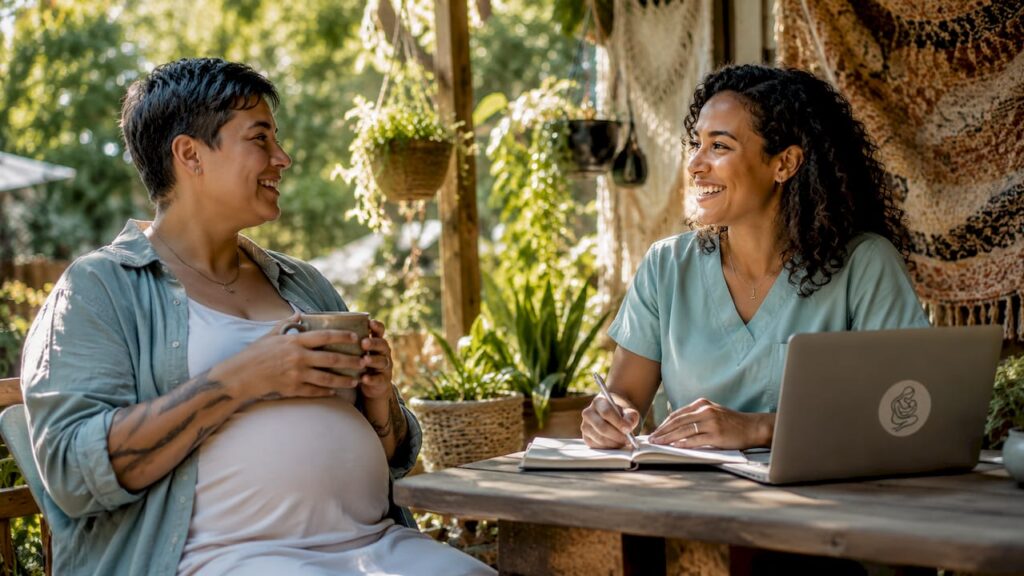 Pregnant nonbinary patient with midwife in clinic