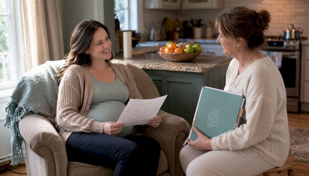 Pregnant woman consulting doula at home