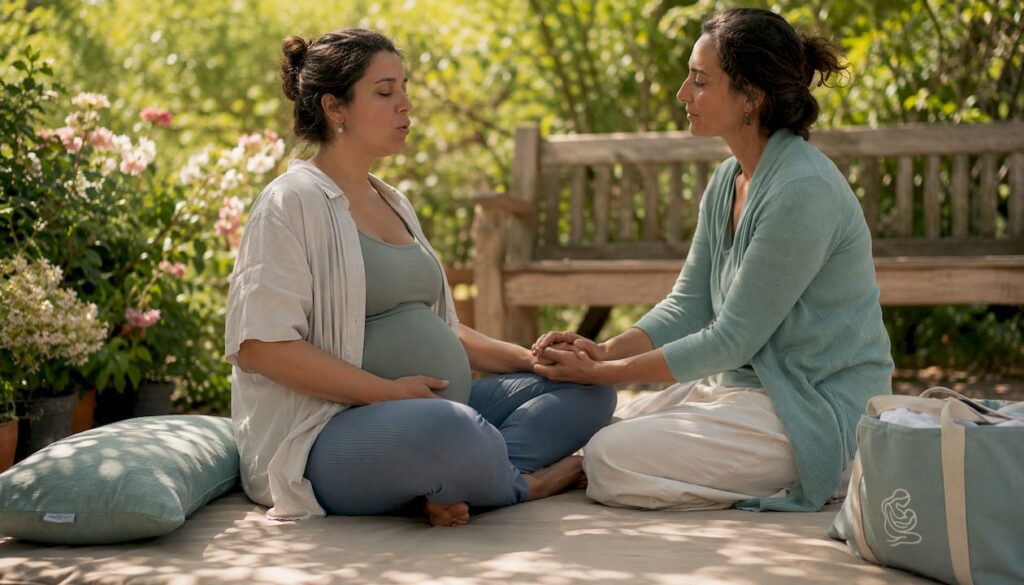 Pregnant woman receiving calming support during labor