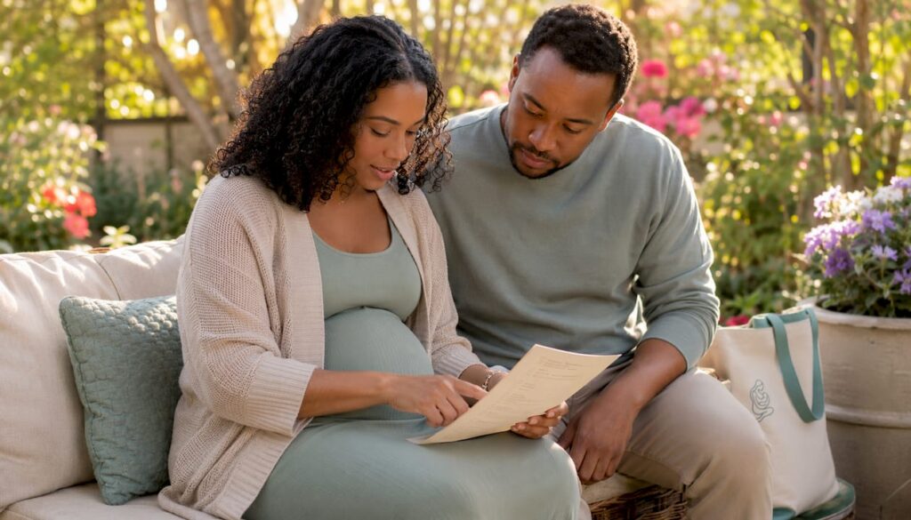 Expectant parents reviewing birth plan checklist
