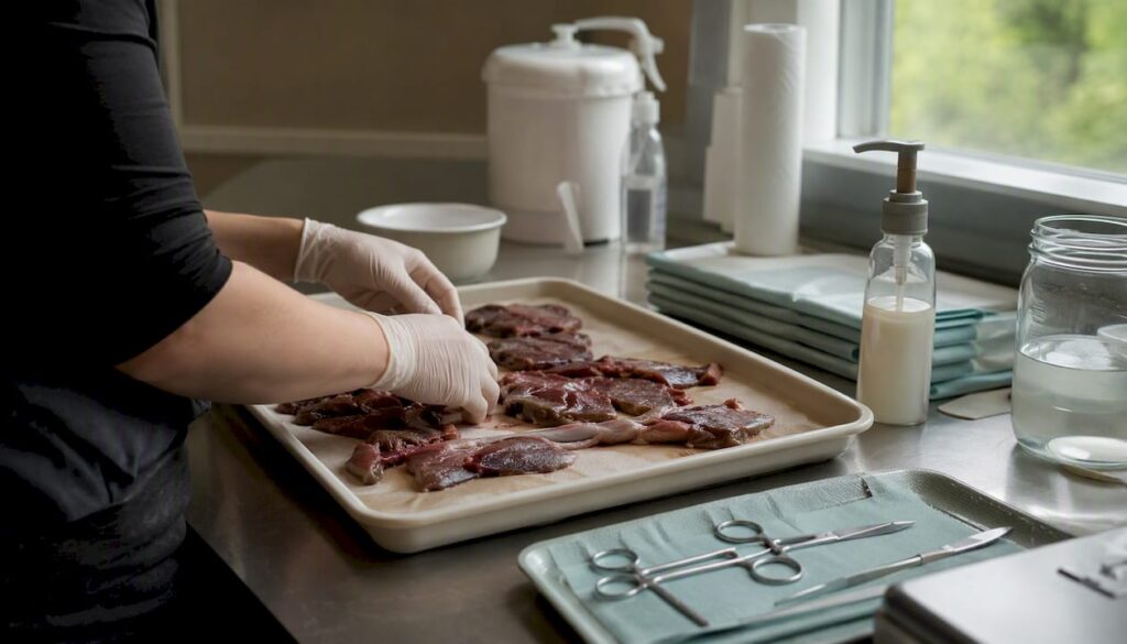 Placenta encapsulation preparation on sterile workstation