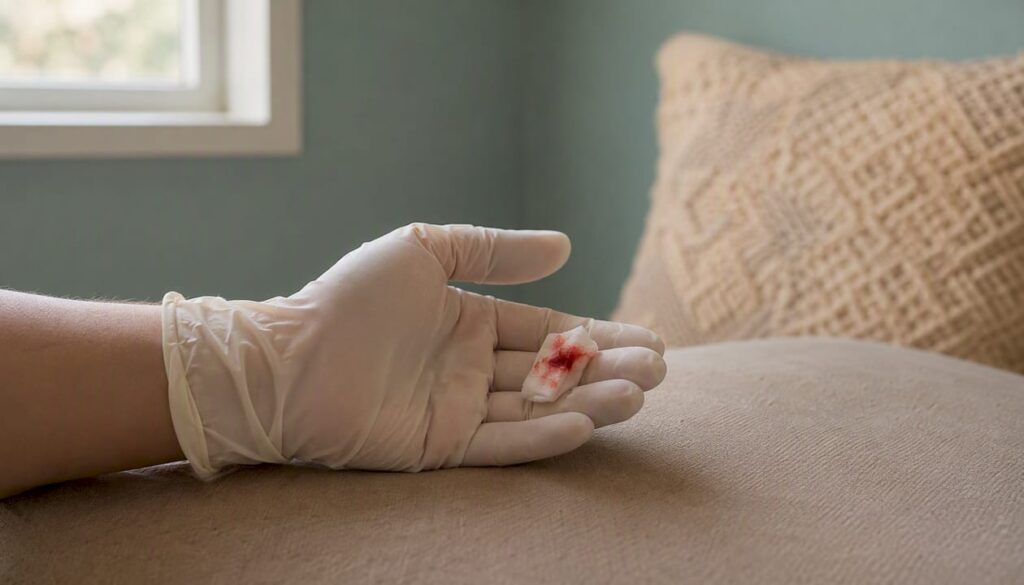 Close-up of blood-tinged cotton swab in prenatal exam room