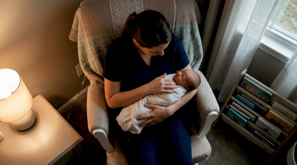 Night nurse soothing newborn in nursery