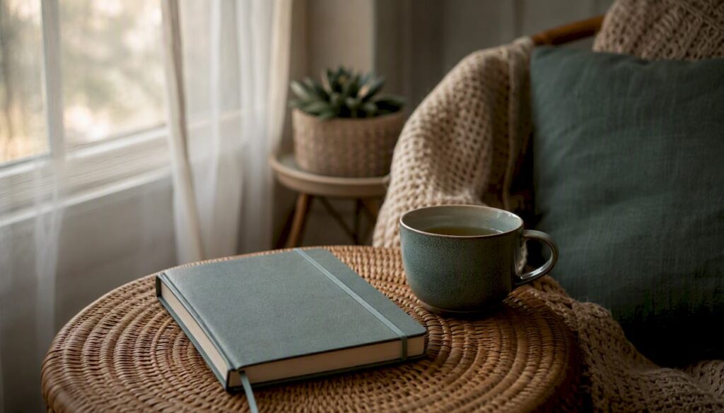 Fertility journal and tea on bedside table