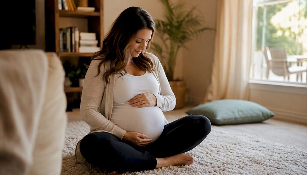 Pregnant woman sensing baby movement at home