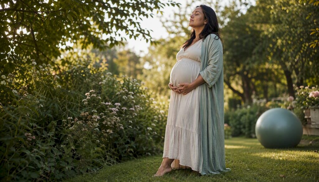 Pregnant woman walking in soft birthing room